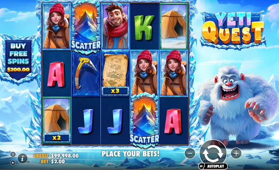 Yeti Quest Basisspiel mit zwei Scatter-Symbolen, Zelt mit x2 und dem Yeti neben den Walzen