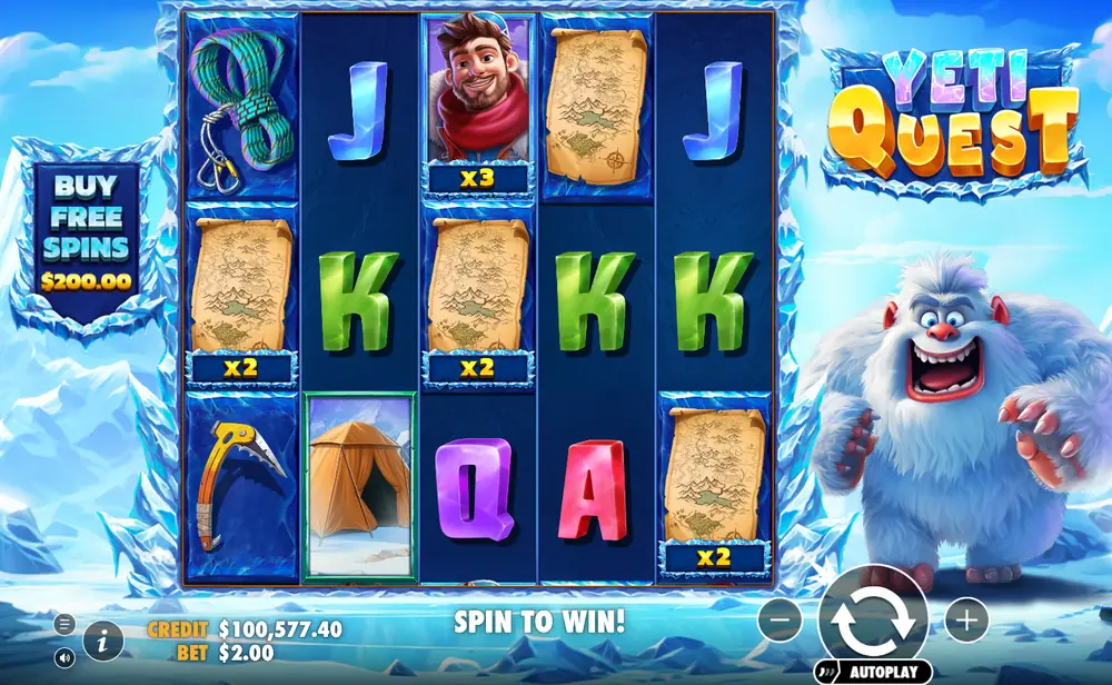 Yeti Quest Slot mit 5x3-Raster, Karten-Symbolen mit x2 und x3 und dem Yeti rechts im Bild
