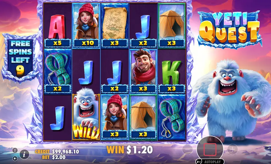 Yeti Quest Freispielrunde mit neun verbleibenden Drehungen und Multiplikatoren auf fast jedem Symbol