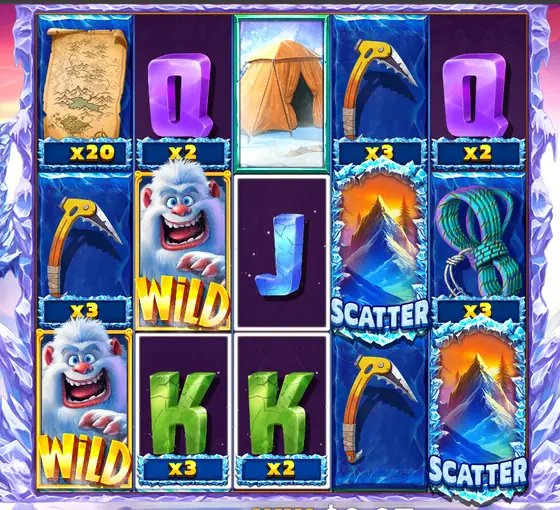Yeti Quest Walzen mit Multiplikator-Feldern x2, x3 und x20 an Karte, Eispickel und Kartensymbolen