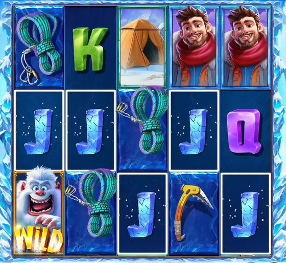 Yeti Quest Gewinnkombination aus fünf J-Symbolen entlang einer Zickzack-Linie