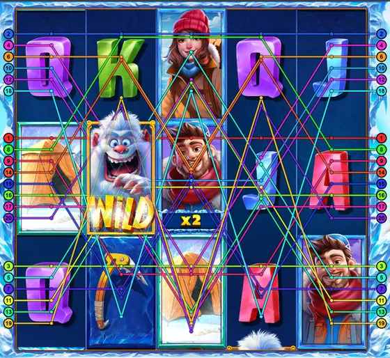 Yeti Quest Raster mit allen 20 eingezeichneten Gewinnlinien und dem Yeti-Wild auf Walze zwei